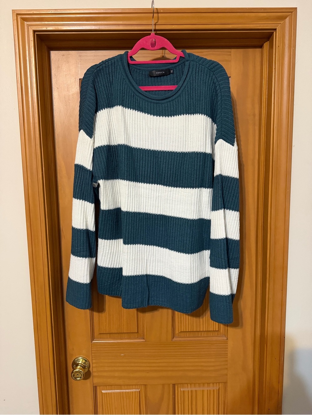 Zara Teal and White Striped Crewneck Sweater